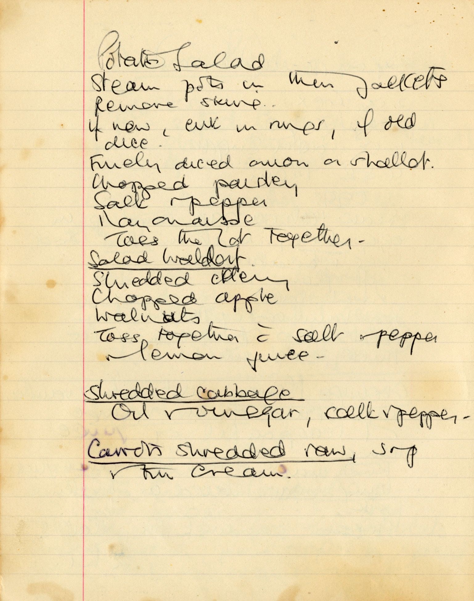 An old 1950s handwritten recipe for Potato Salad.